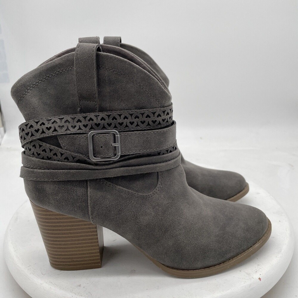 SO Gray Suede Ankle Booties with Stacked Heel